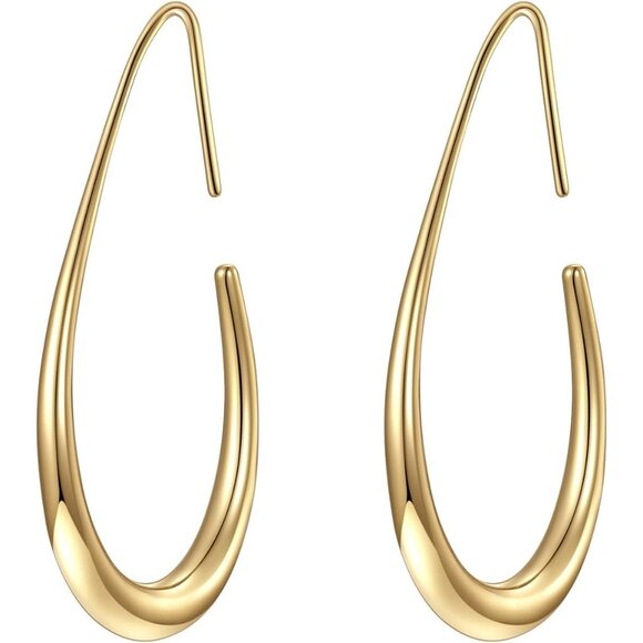 White Gold Plated Lightweight Teardrop Large Oval Pull Hoop Earrings for Women - Picture 1 of 6